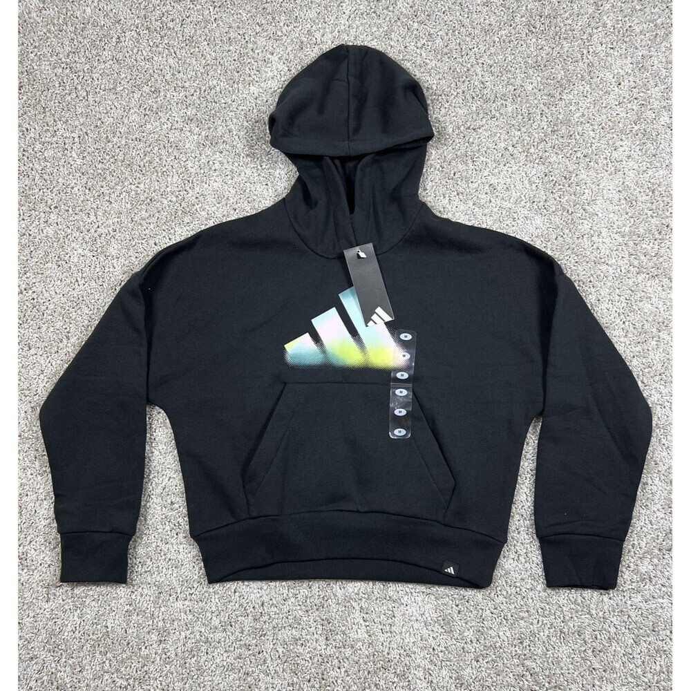 NWT Adidas Girls Hoodie Black Loose Fit Logo Sweatshirt Size M 10/12